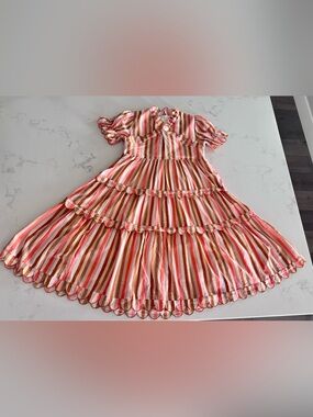 JessaKae Girls 8/9Y Striped Scallop Tiered Dress Pink Puff Sleeve